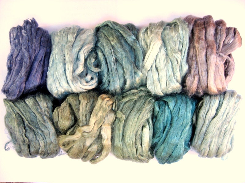 3.2oz (90g) 10 ASSORTED Colors Mulberry Silk Roving Top Fiber  OCEAN BREEZE pack