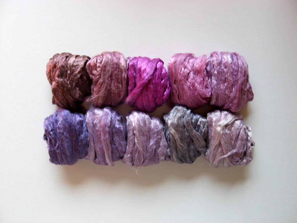 3.2oz (90g) 10 Assorted Colors Mulberry Silk Roving Tops LILAC PACK -