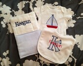 Baby boy seersucker and sailboat gift set: onesie, bib, and burpcloth