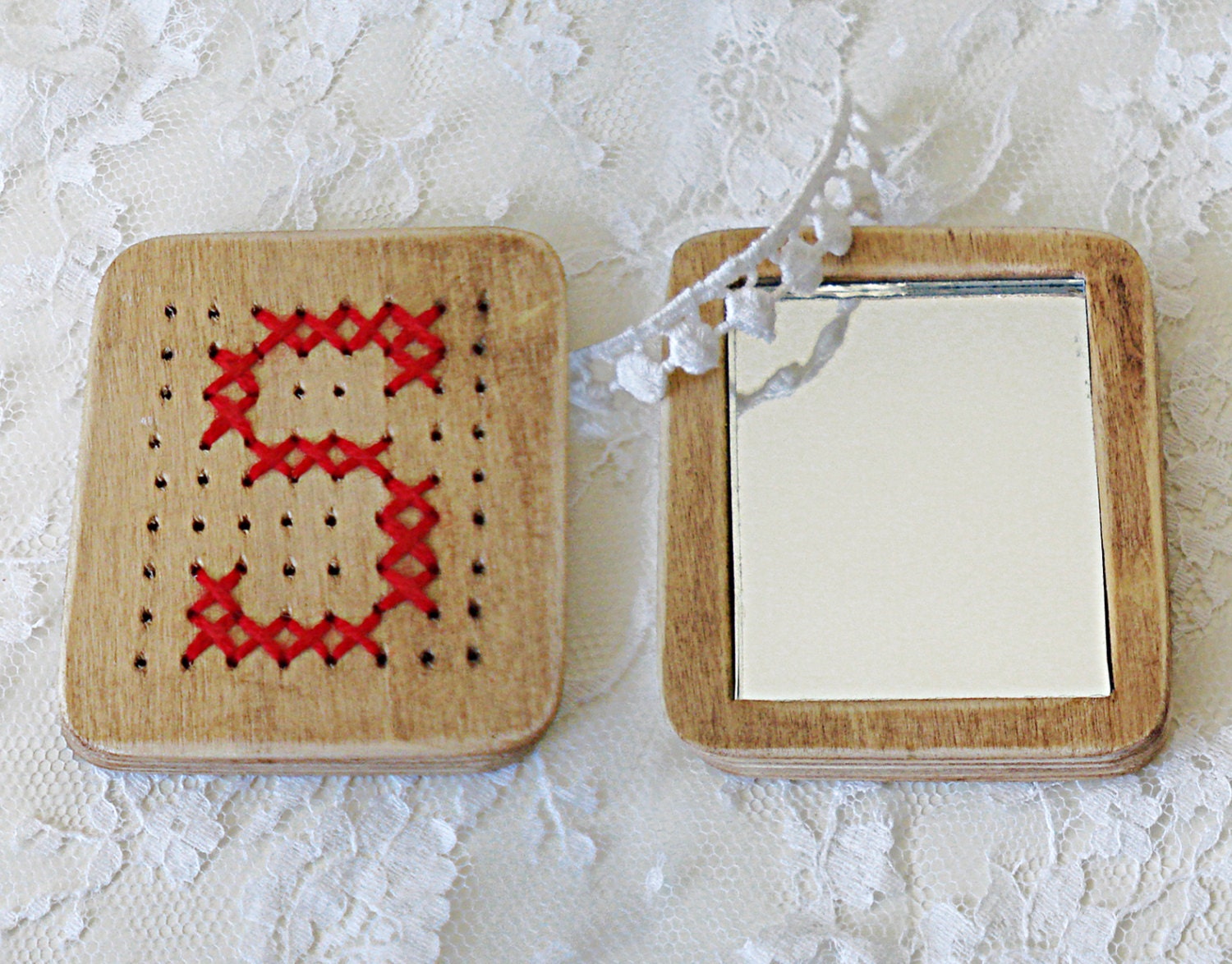 Pocket Mirror for Mother's Day, Handmade Wooden Embroidery in a Lace Pouch