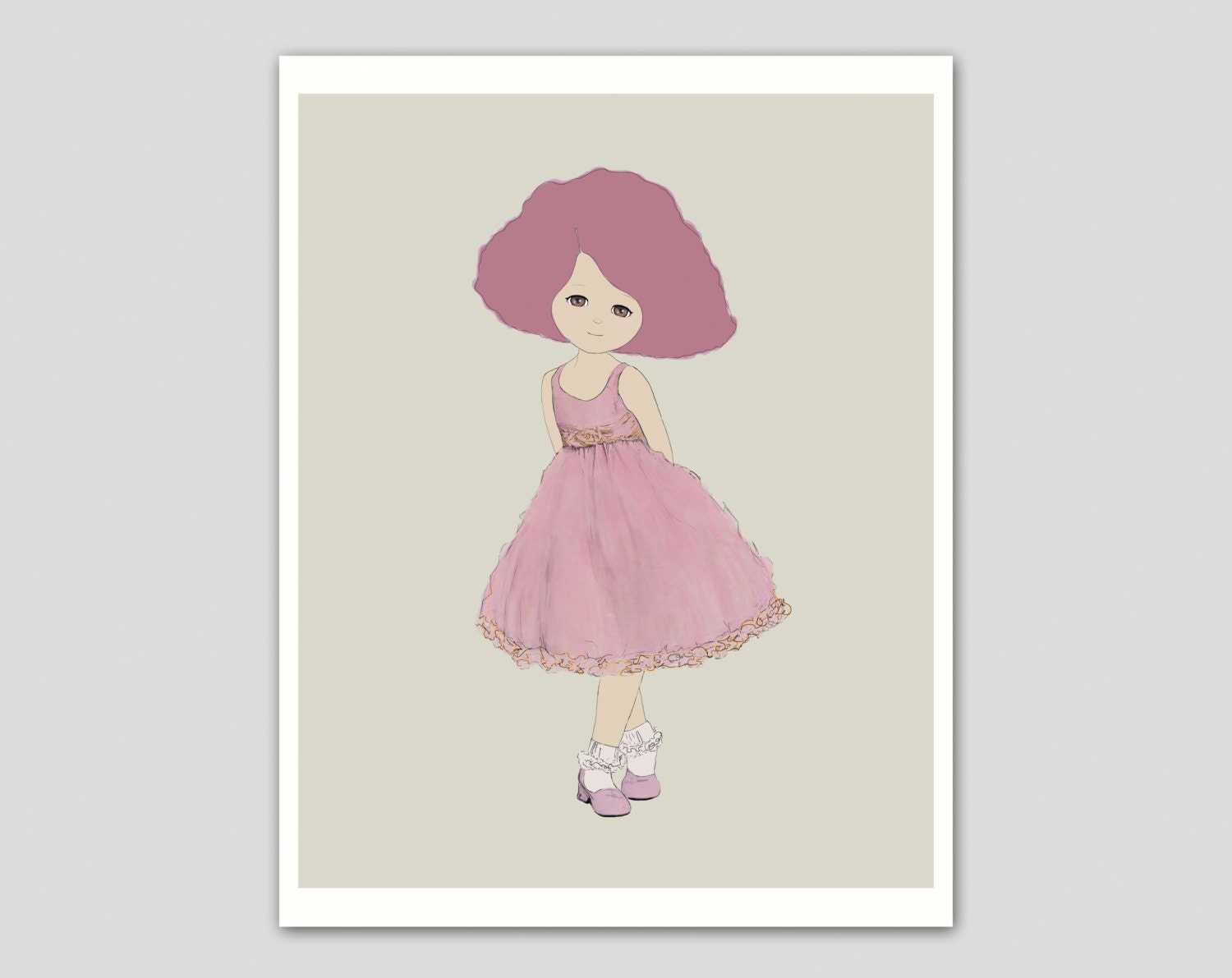 Digital Cute Little Girl in Pink Illustration - Sophie -  8 x 10 Art Poster Print