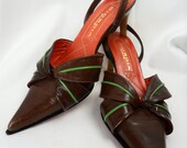 Vintage 80s d'Orsay style pointy toe custom hand made slingback architectural kitten heels brown/ green: US size 8-8.5