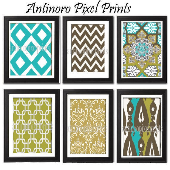 Digital Home Decor Vintage / Modern inspired Wall Art Prints -Set of 6 - 8x11 Prints  - Turquoise Sage Green / Brown / Tan  (UNFRAMED)