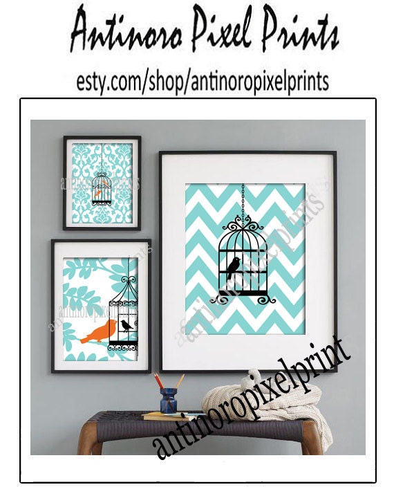 Bird Collage Blue Yellow Black Art Wall Gallery Digital Print  -Set of (3) -  Prints -  16x20, 8x10, 5x7, (UNFRAMED)