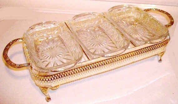 Vintage Chafing Dish with Footed Goldtone Stand, Triple Glass Inserts, Made in France
