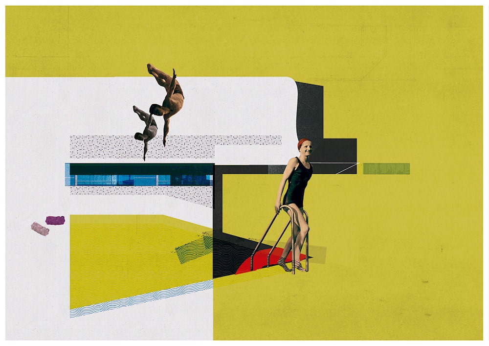 The pool - art print - mixed media digital collage