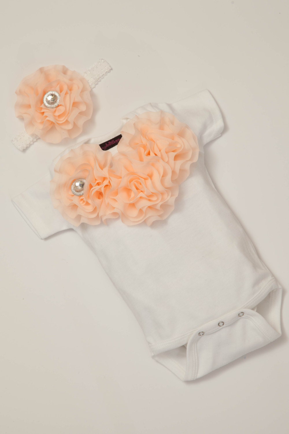 Baby Girl Onesie Set Short Sleeve Cotton White Onesie with Peach Chiffon Flowers and Rhinestones