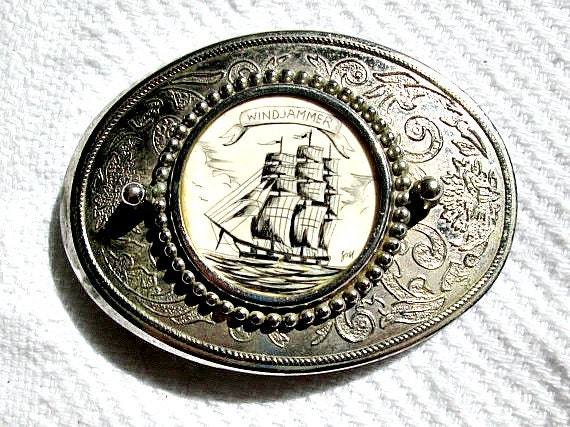 Vintage Nautical Belt Buckle Faux Scrimshaw Ivory Windjammer