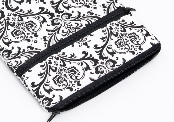 iPad mini sleeve, zipper iPad mini pouch, apple ipad mini cover with front pocket - black and white damask