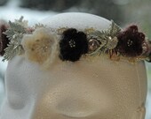 Wedding bridal crown wreath headband coronet in sage green and dusky pink, with crochet mohair flowers, Swarovski crystals and pearls