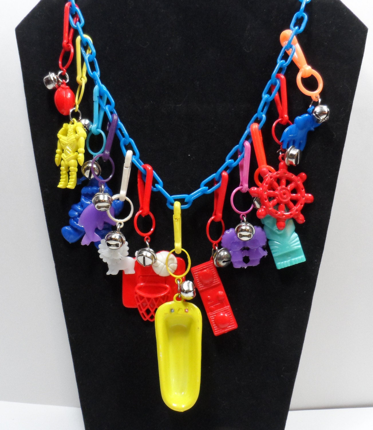 80s Blue Plastic Charm Necklace with Charms and  Bells