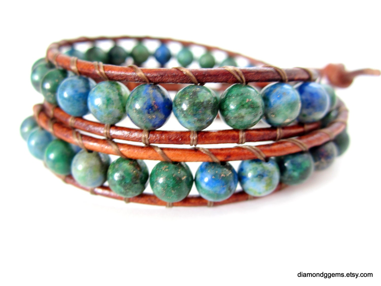Azurite Malachite Pyrite Beaded Leather Wrap Bracelet 2x Brass Button Handmade Rustic Gemstone Blue Green Brown Leather Unisex Earthy