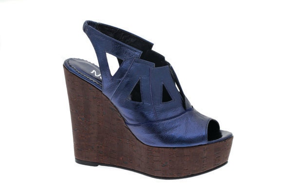 Handmade open toe, open back wedge platform with cut out design in deep shiny blue - made to order