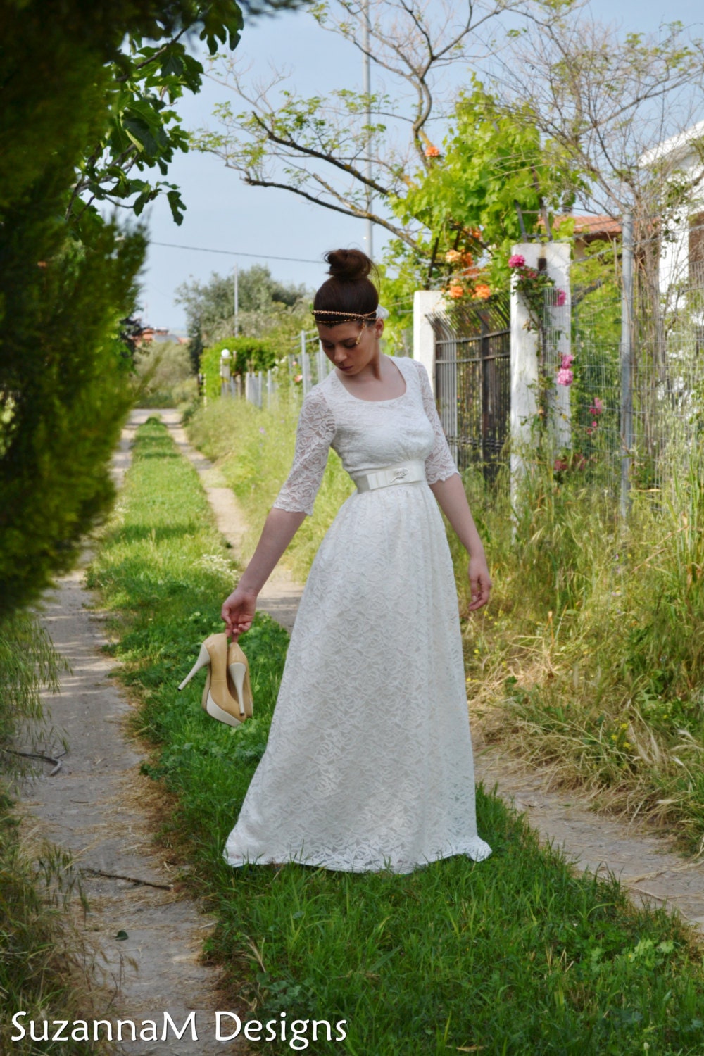 50s Vintage Lace Long Wedding Gown - Long Sleeves Wedding Dress Handmade by SuzannaM Designs