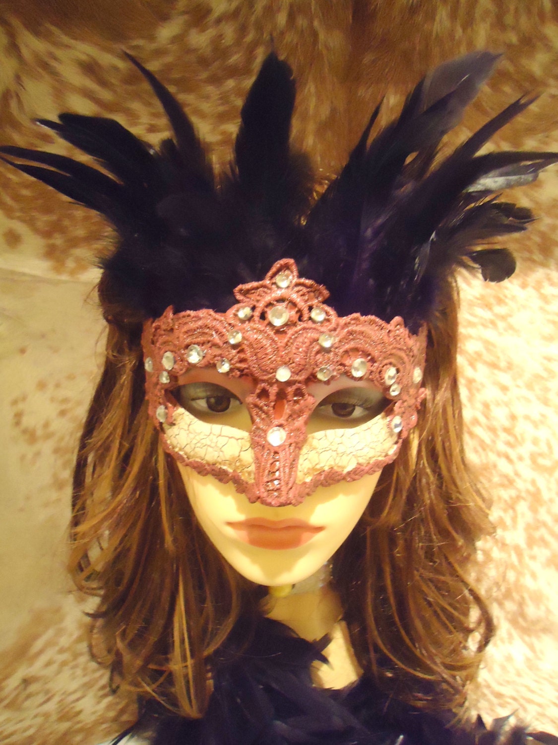 Couture Ball mask with black plume overlay, faux gems and fine braid tie back. Perfect for parties.