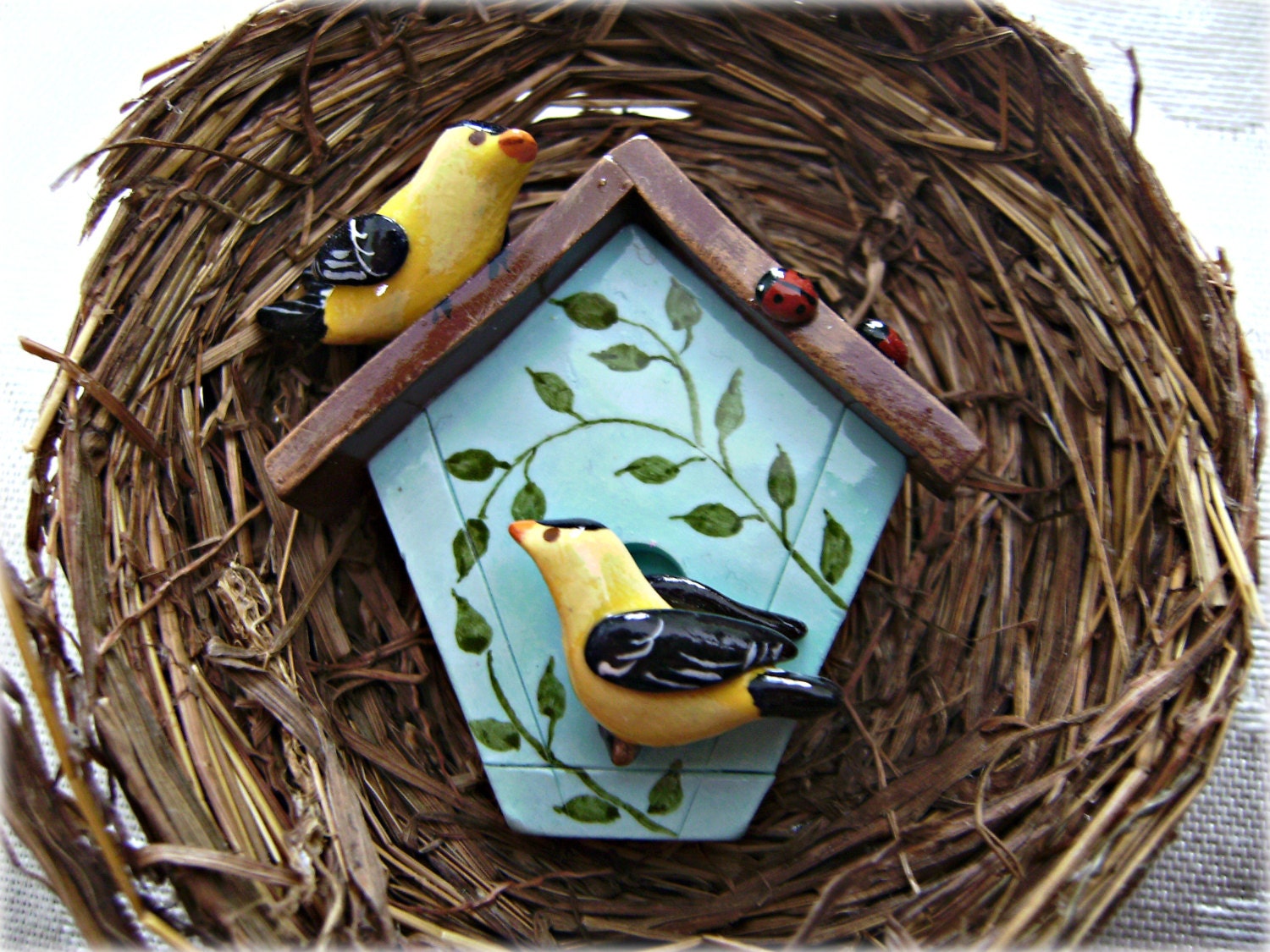 Brooch Bird House-Goldfinch and Ladybugs on a Pin-Unique Jewelry-Polymer Clay Jewelry-Nature Jewelry-Art Jewelry