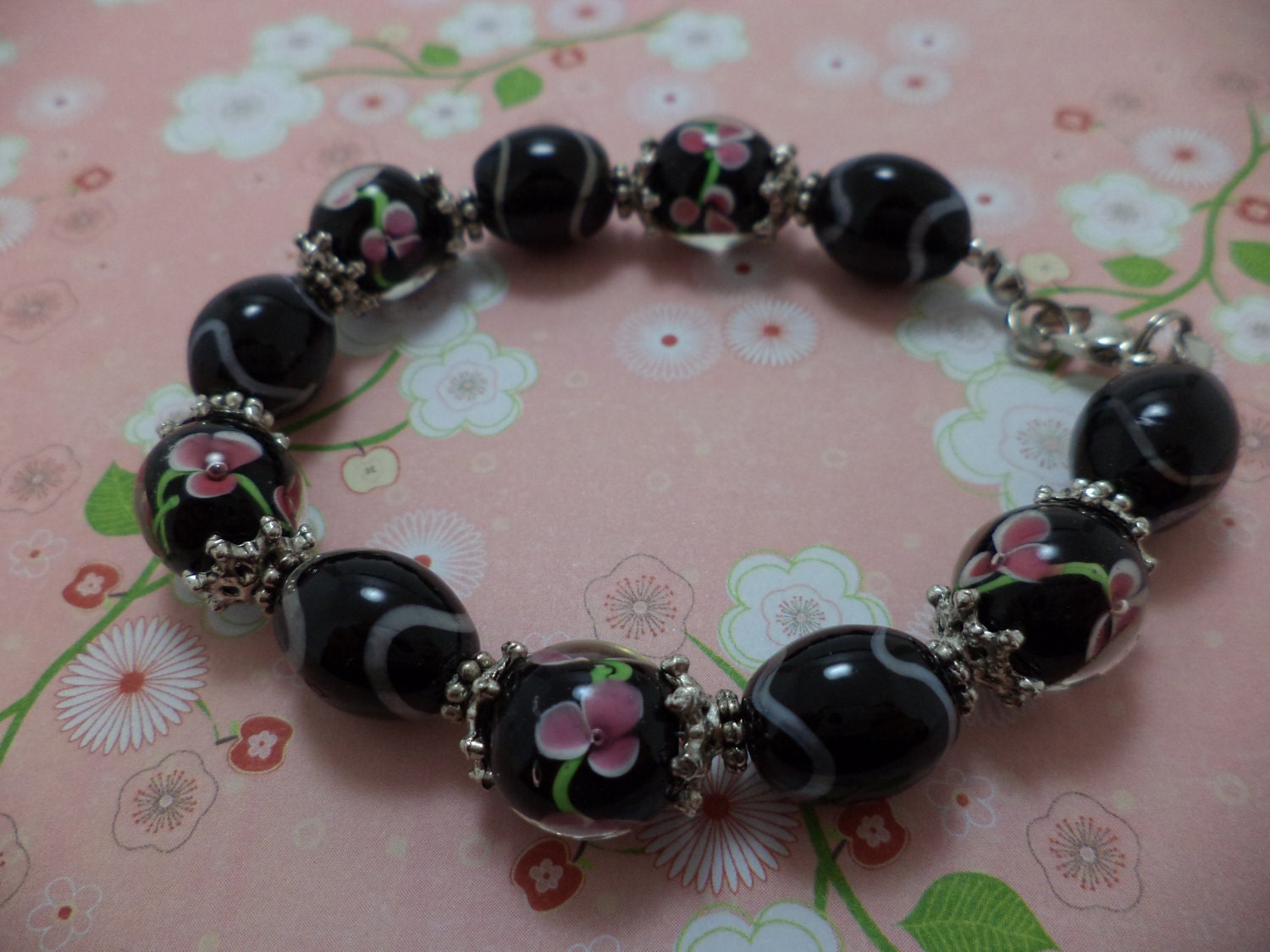 Beautiful, black, pink, flower, glass bead, pin up girl, bracelet