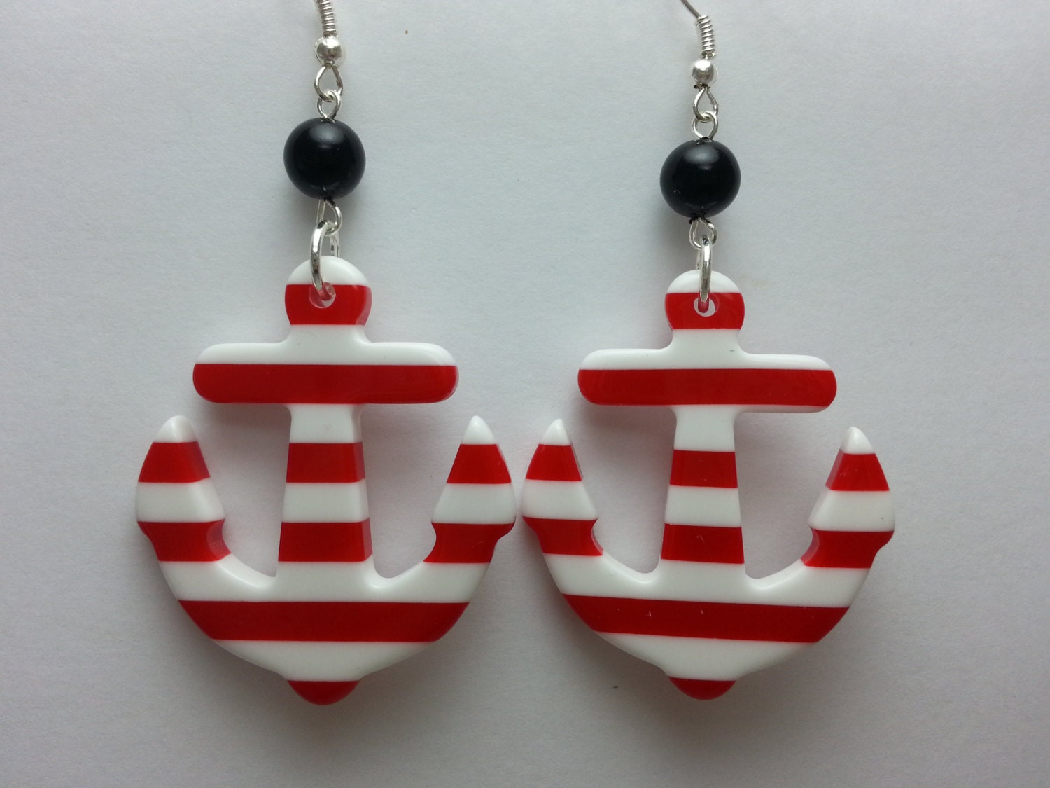 Red and White Anchor Earrings with Black Glass Beads - Rockabilly, Retro, Nautical, Sailor, Pin Up Girl