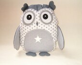 Star Owl, Owl Bedroom Decor, Organic Owl TOY Stuffed Animal  Softie  Unisex Grey White Silver / Al Heart Owl Pillow - HET -