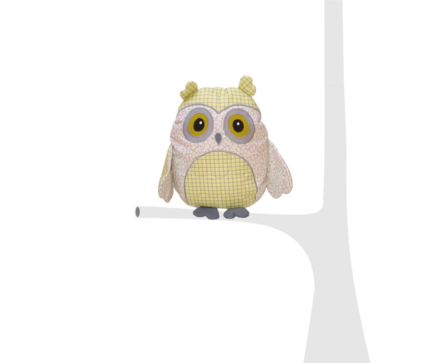 Owl Pillow, Organic Owl TOY Stuffed Animal  Softie  Green Gray White/ Al Heart Owl Pillow - HET -