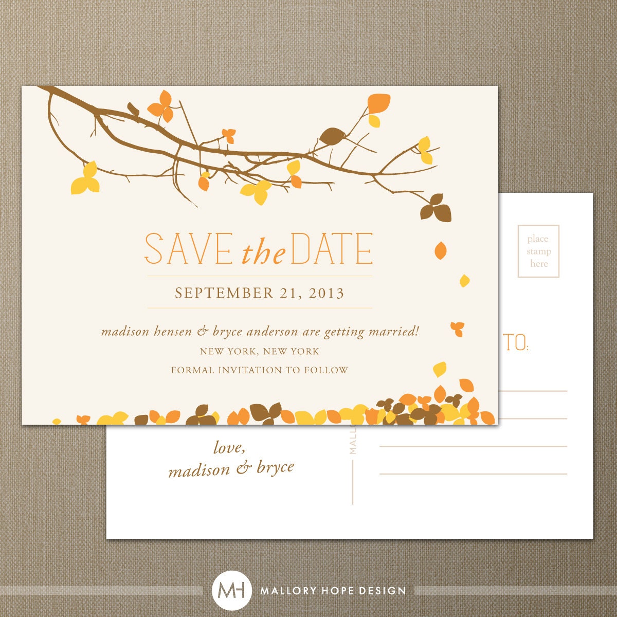 Fall Leaves Personalized Wedding Save the Date Postcard - CUSTOMIZE Colors and Content - Digital Design File