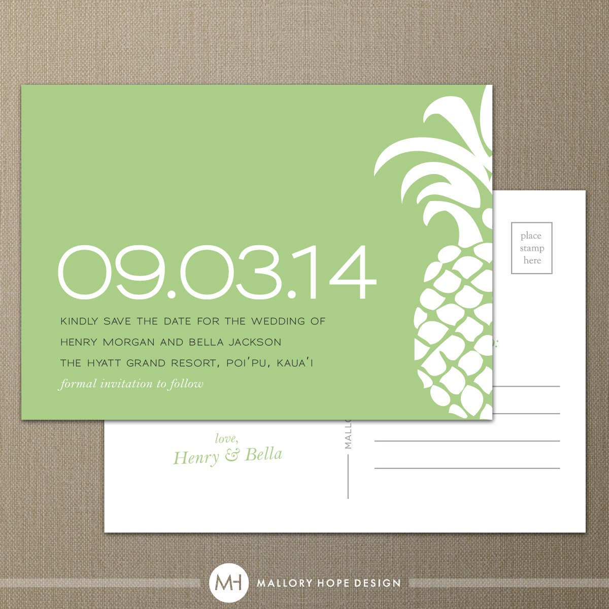 Tropical Pineapple Hawaiian Personalized Wedding Save the Date Postcard - CUSTOMIZE Colors and Content - Digital Design File