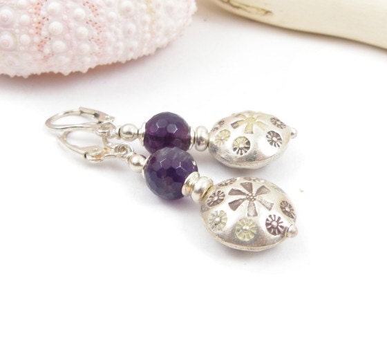 Amethyst gemstone earrings , sterling silver bali earrings , birthstone jewelry