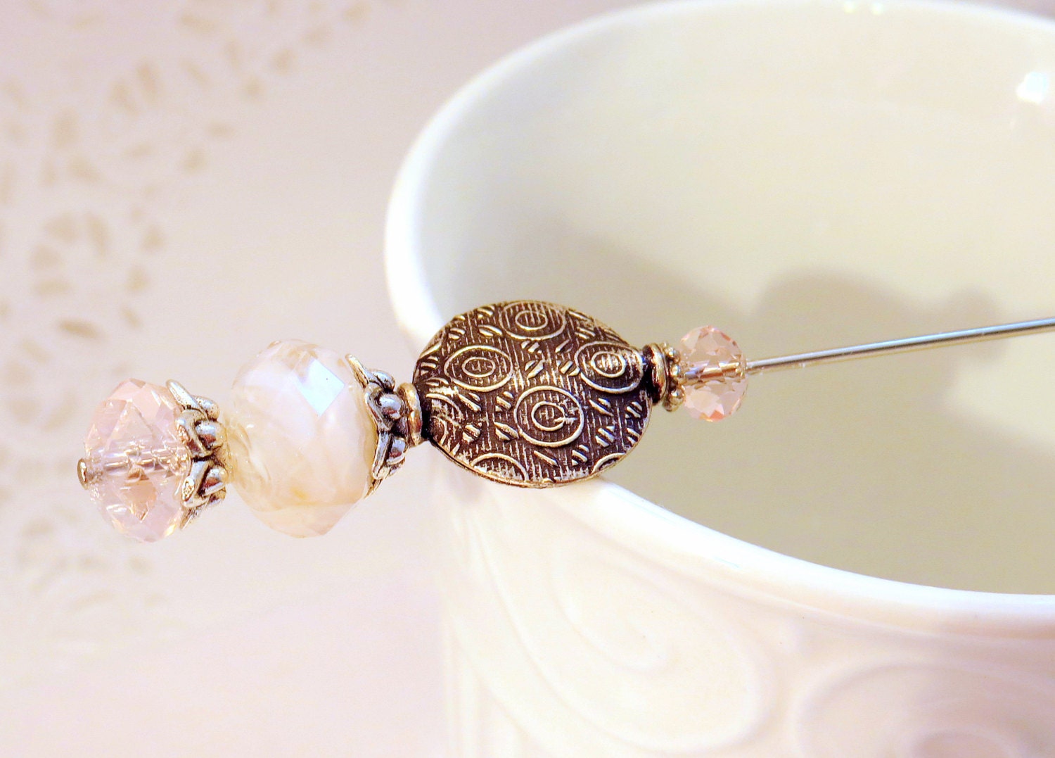 Womens accessories beaded blush pink hat pin scarf lapel ascot stick brooch pin silver textured Victorian vintage style tagt