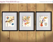 ON SALE Kitchen Art Print - Hanging Lovely Utensils, Kettle, Mixer  - Set of 3 - 8X10 - Orange, Gold, Blue, Trees, Birds, Floral - No. KB00