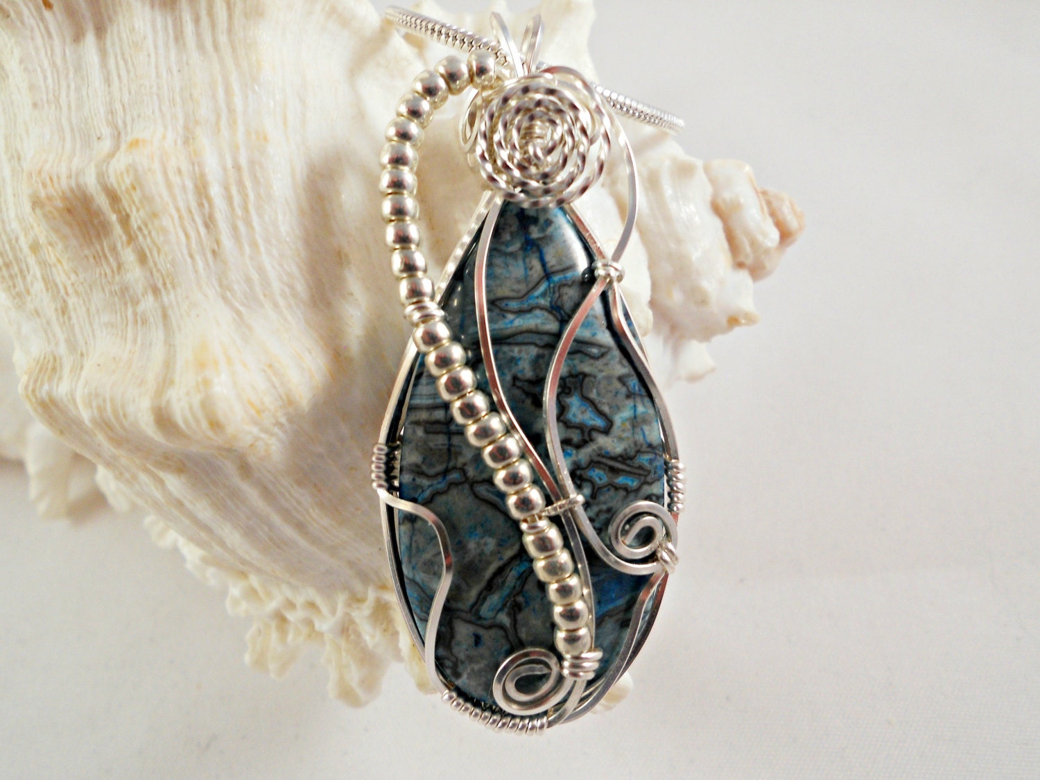 Wirewrap Pendant, Blue Leopard Skin Jasper, Handmade Jewelry