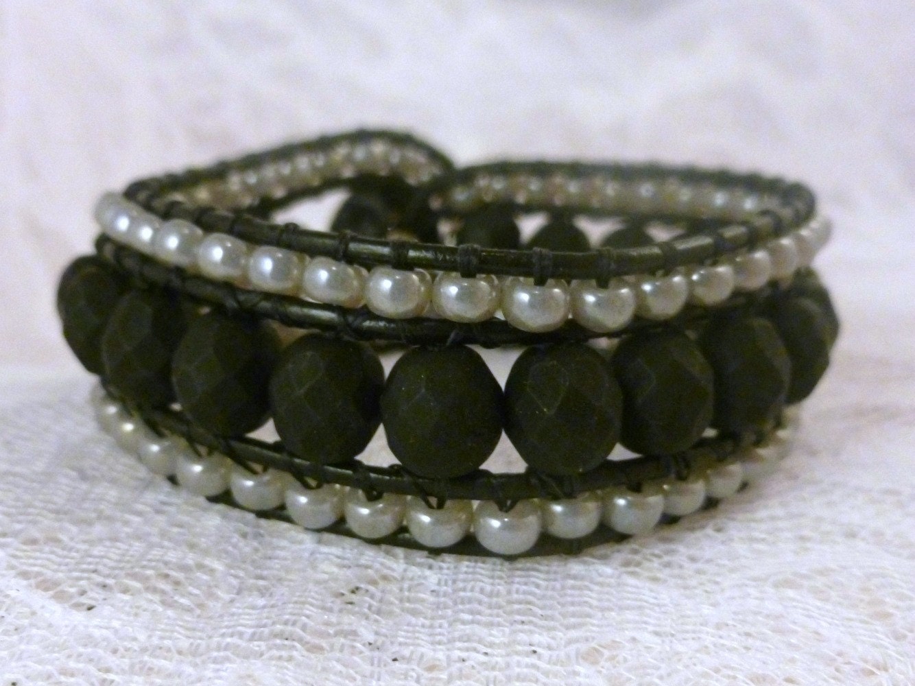Black Leather Cuff Bracelet with Silver and Flat Black Beads, Chan Luu Style Leather Wrap Cuff Bead Bracelet