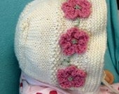 Sweet, Custom Vintage Flower Garden Baby Bonnet and Bootie Set with Crocheted Tie