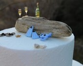 Miniature Glass Bottle of Champagne and Two Glasses On Driftwood for your Beach Vacation or Wedding Topper  - by Landscapes In Miniature