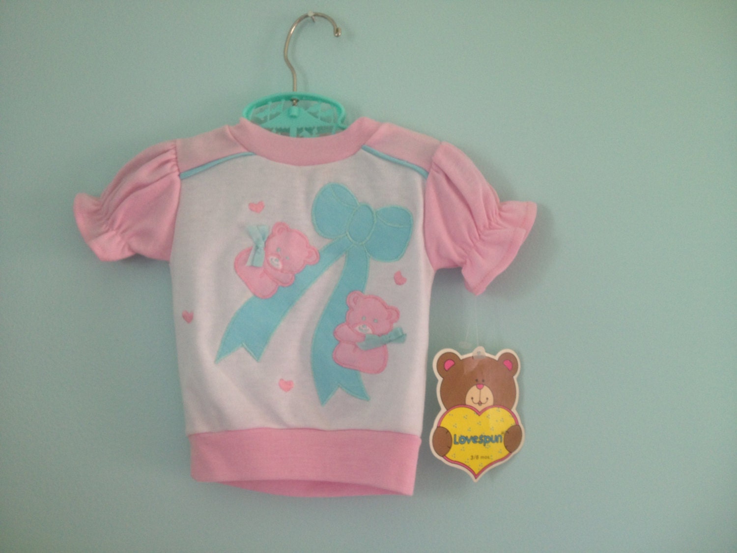Vintage Deadstock NOS 80s Outfit Teddy Bears Pink Turquoise Baby Girl 3-6mo