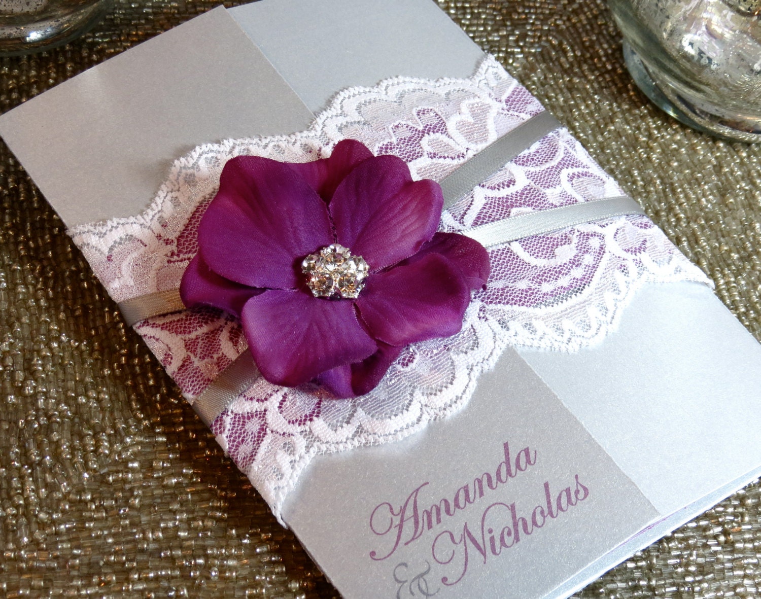 SUMMER Love Lace Wedding Invitation - Purple and Silver - Customizable