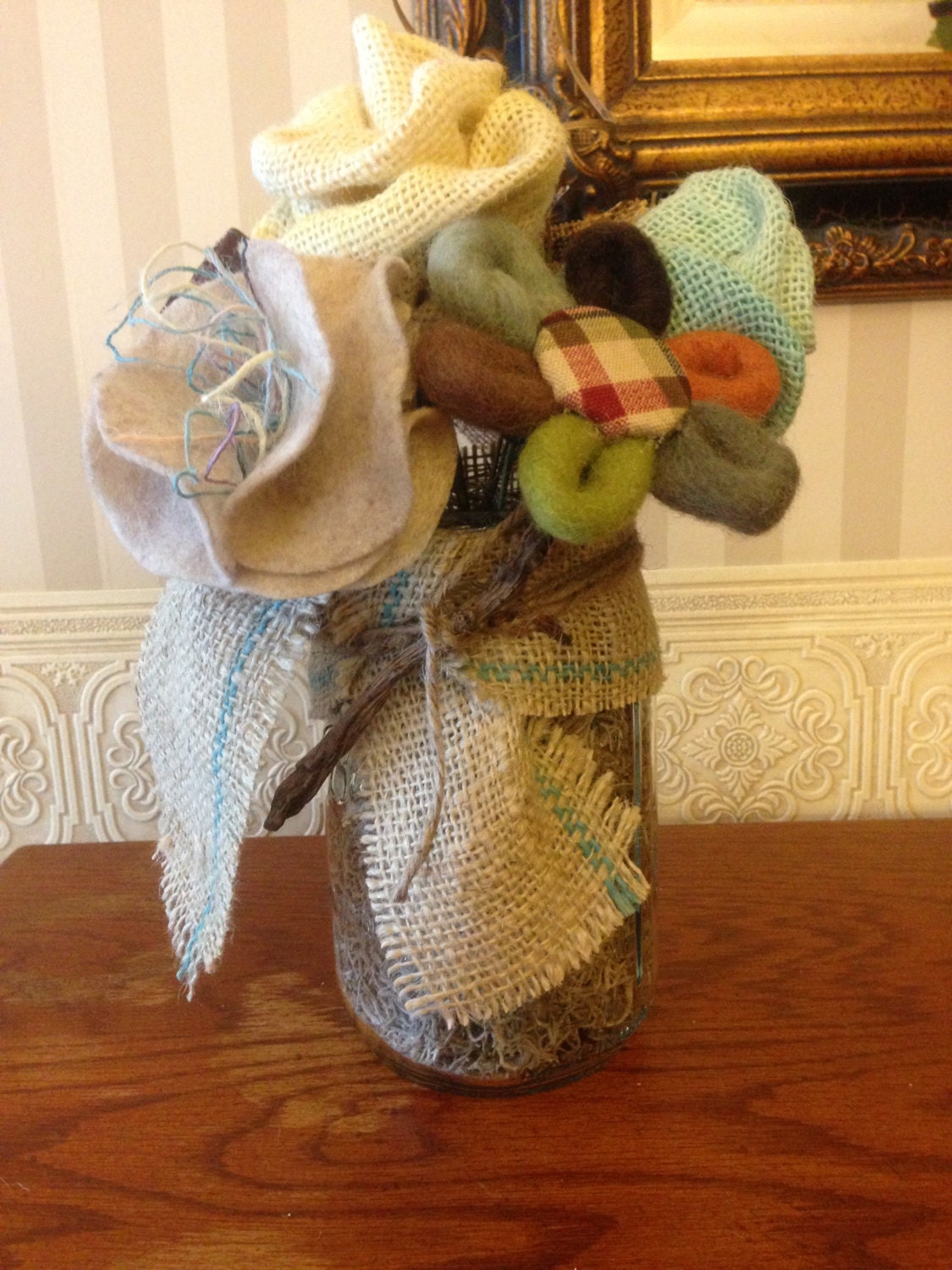 Mason jar with Burlap and Material Roses