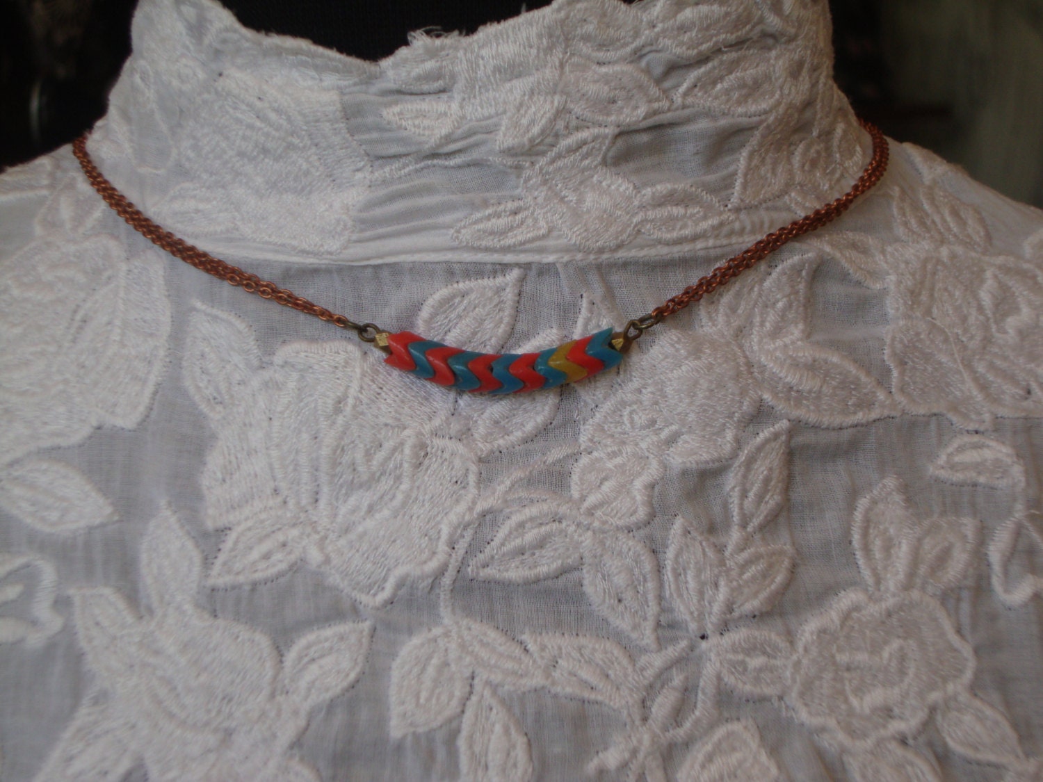 Chevron Necklace- Vintage African Trade Beads, Snake Beads in Red and Blue paired with Copper Chain, Minimalist, Layer Necklace