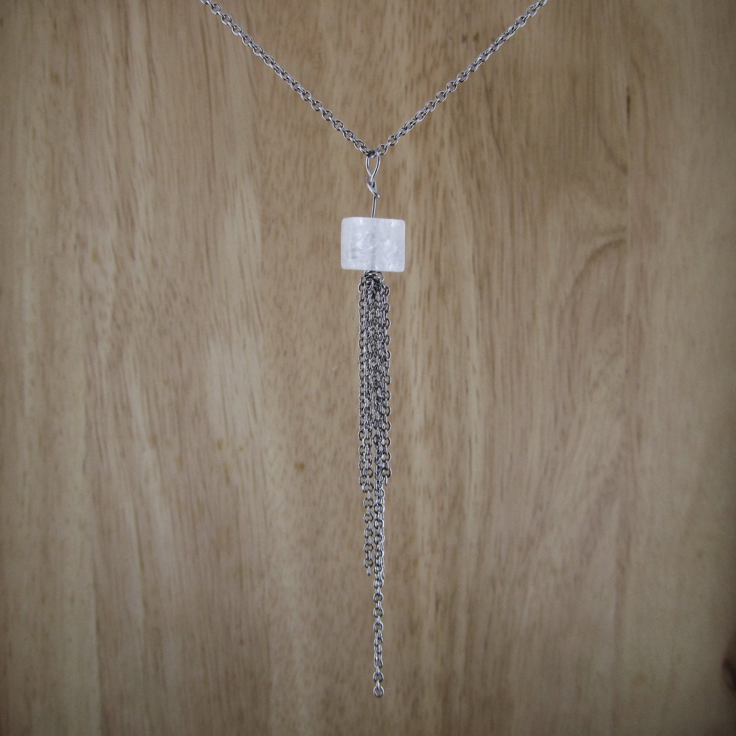 White Quartz Necklace, Cube-Cut Quartz With Steel Tassel & Steel Chain