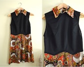 Vintage Mod Black and Red Retro Floral Fit and Flare Babydoll Dress - 1970s