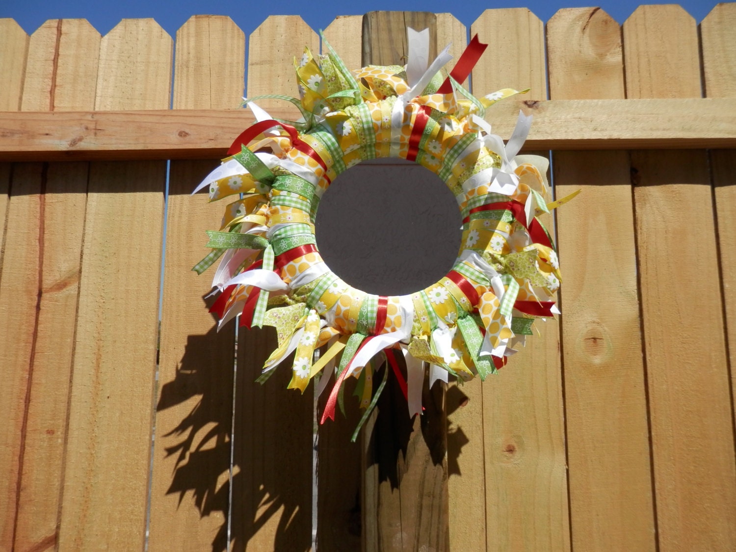 RIBBON WRAPPED MIRROR Wreath Shabby Chic Home Decor Wall Door Tabletop Decorations Yellow Green White Orange
