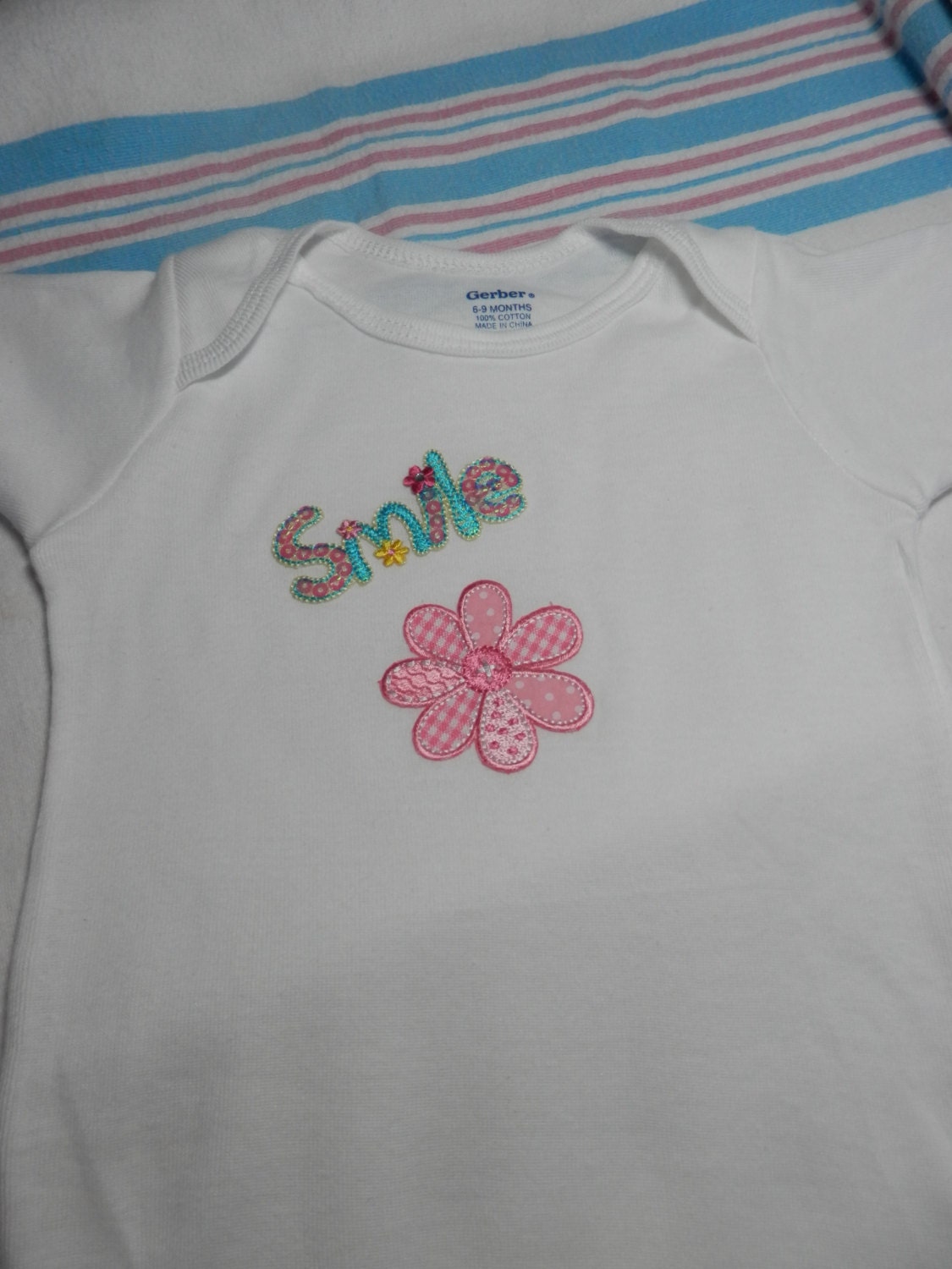 BABY GIRL ONESIE Appliqued Pink Daisy Smile Cute Childrens Clothing Cute Onesies