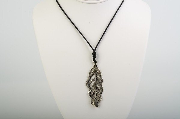 Silver Feather Black Cord Necklace