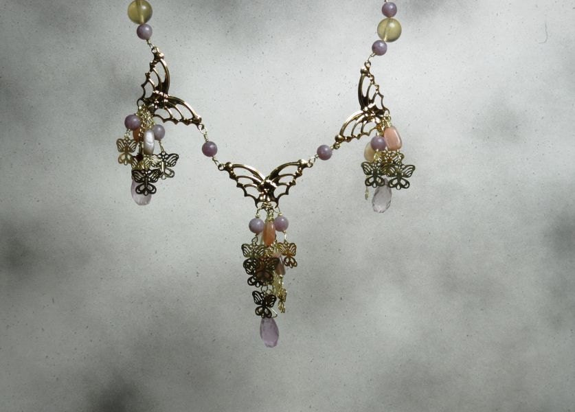BUTTERFLY SALE Butterfly Gardens necklace.  Amethyst, lilacstone, fluorite, moonstone, citrine, and garnet gemstones. NECK-008