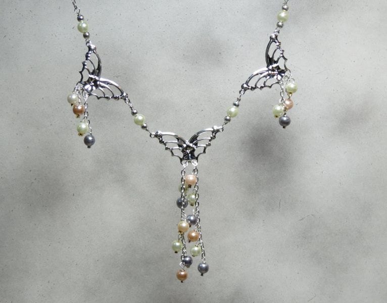 BUTTERFLY SALE Pearls in Spring necklace. Silver butterflies with pastel glass pearls. NECK-104