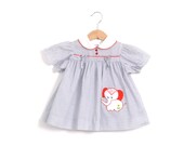 Vintage Baby Dress in Blue and White with Elephant Appliqué 18 Months