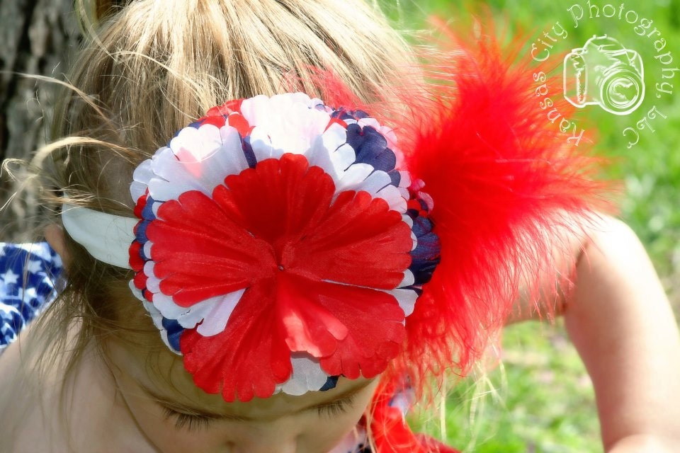 Red White and Blue Flower and Feather Headband- 4th of July, Patriotic