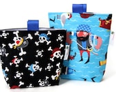 Reusable Sandwich and Snack Bag, Set of 2 in Black and Blue Pirate Fabric, Gusset and Finger Tabs, Skulls, Crossbones, Jolly Roger, Treasure