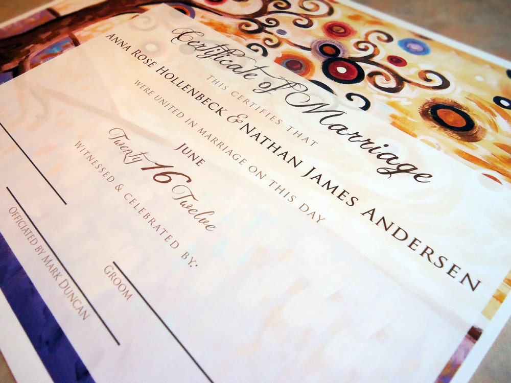 Custom Marriage Wedding Certificate by Natasha Wescoat Swirling Tree Art