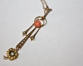 Antique Lavaliere Necklace 10kt Coral Seed Pearl  Victorian 1900s Jewelry
