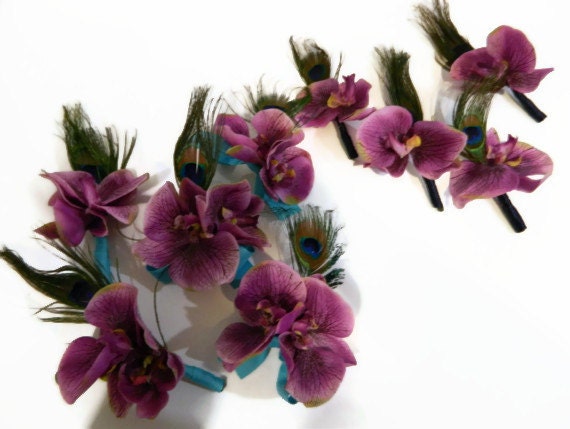 Peacock orchid boutonnieres & corsages, purple orchids, silk wedding flowers, peacock wedding